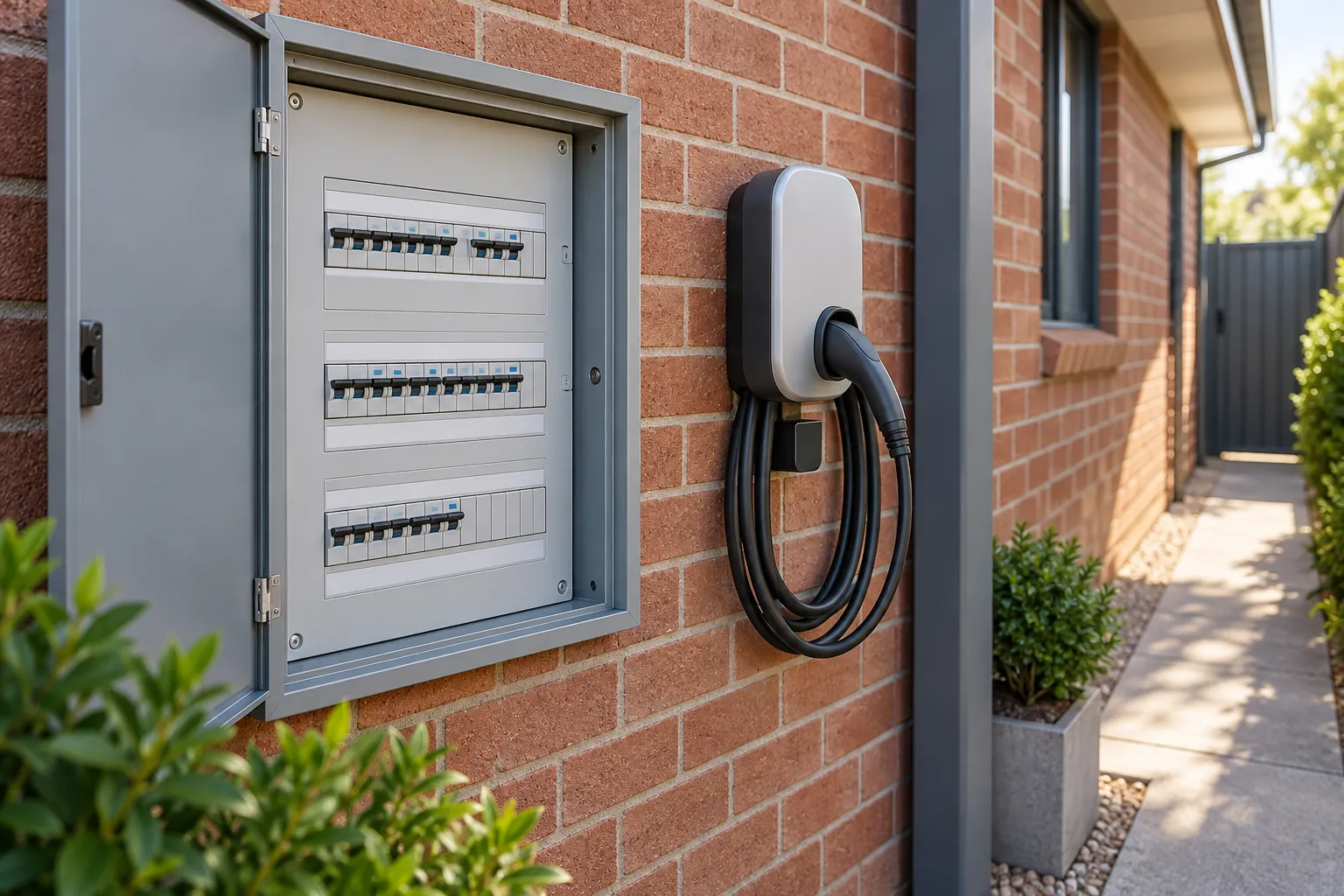Residential switchboard and wall-mounted EV charger beside a brick wall